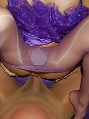 Man fuck his wife in shiny violet pantyhose